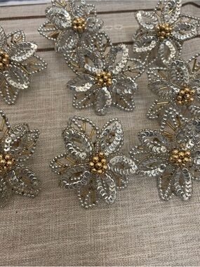 Tahari Poinsettia Flower Napkin Rings Beaded Gold Silver Holiday Set of 8 VTG